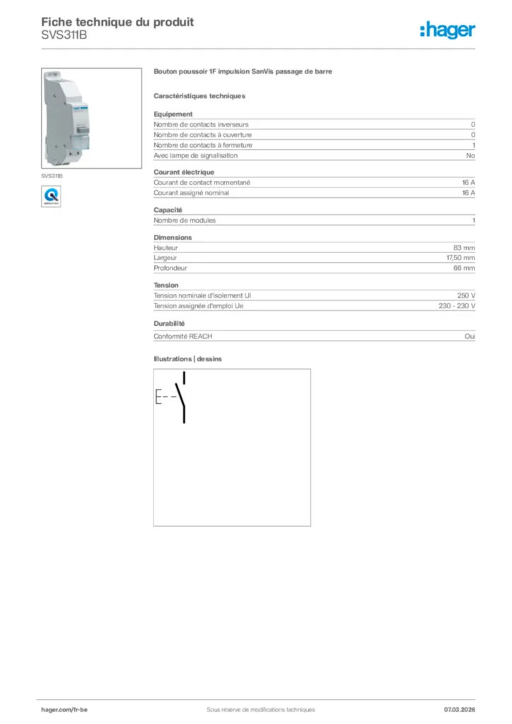 Image Hager Fiche technique du produit SVS311B | Hager Belgique