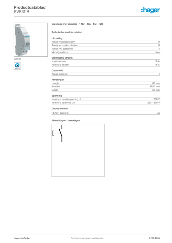 Afbeelding Hager Productdatablad SVS311B | Hager Belgium