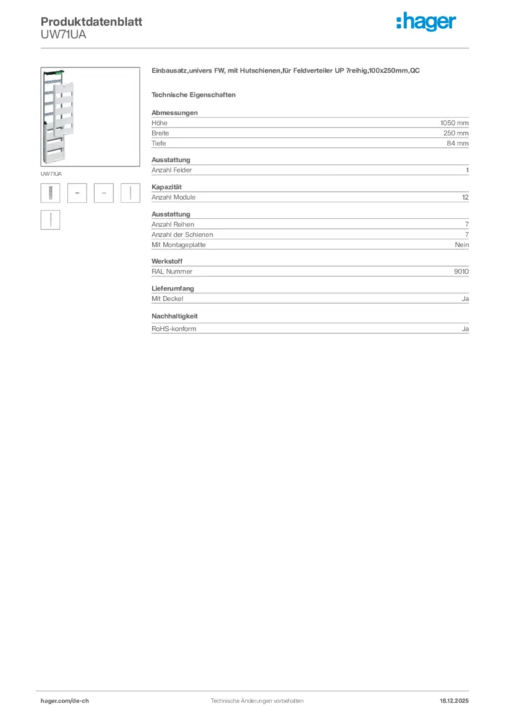 Bild Hager Produktdatenblatt UW71UA | Hager Schweiz