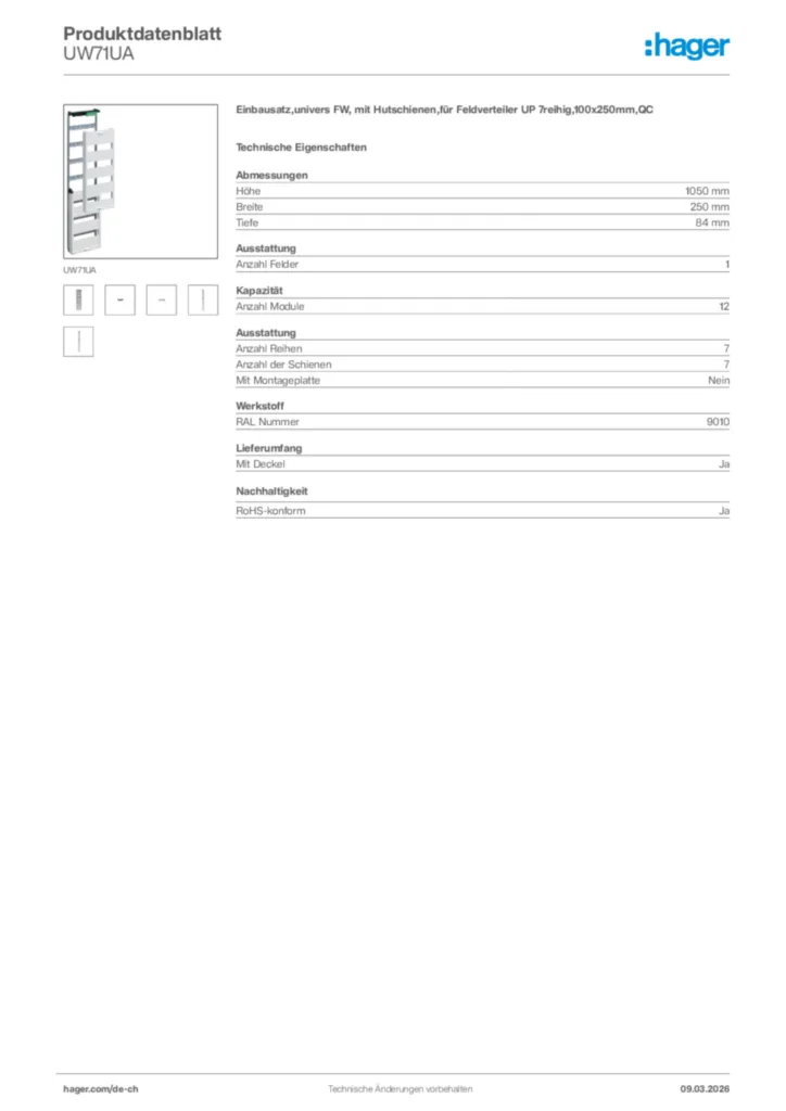 Bild Hager Produktdatenblatt UW71UA | Hager Schweiz