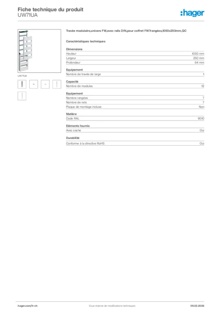 Image Hager Fiche technique du produit UW71UA | Hager Suisse