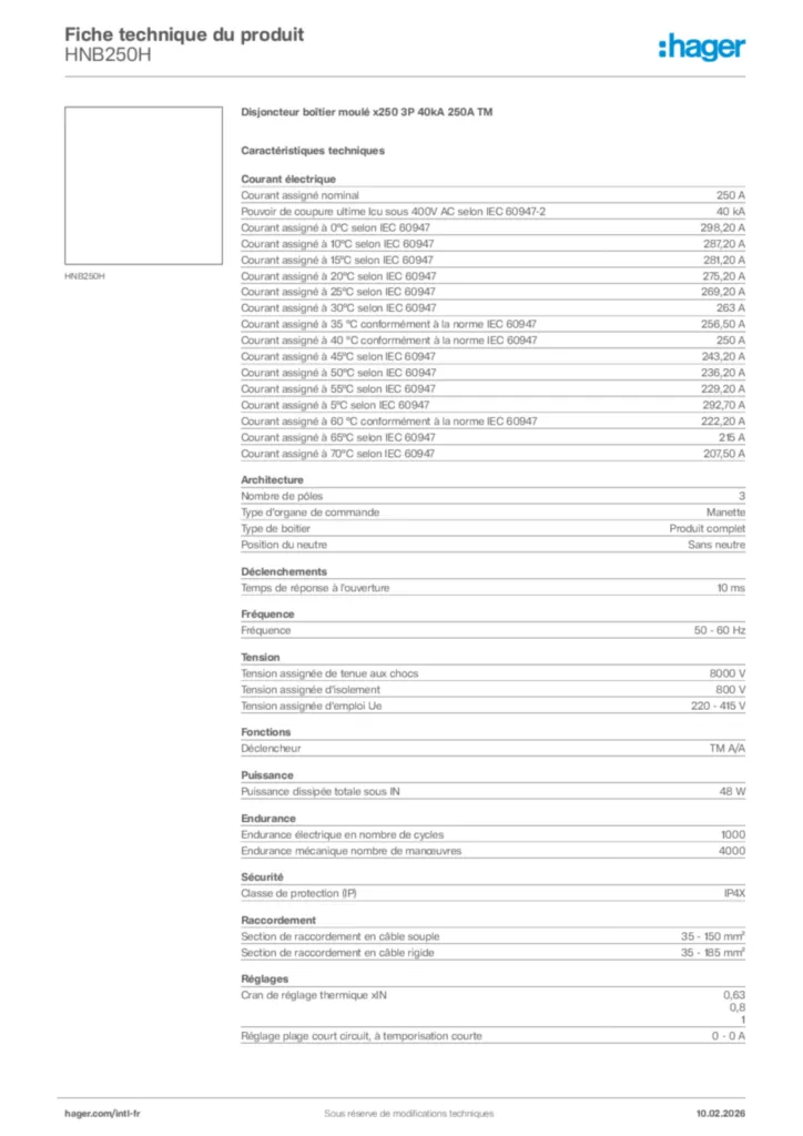 Image Hager Fiche technique du produit HNB250H | Hager Afrique