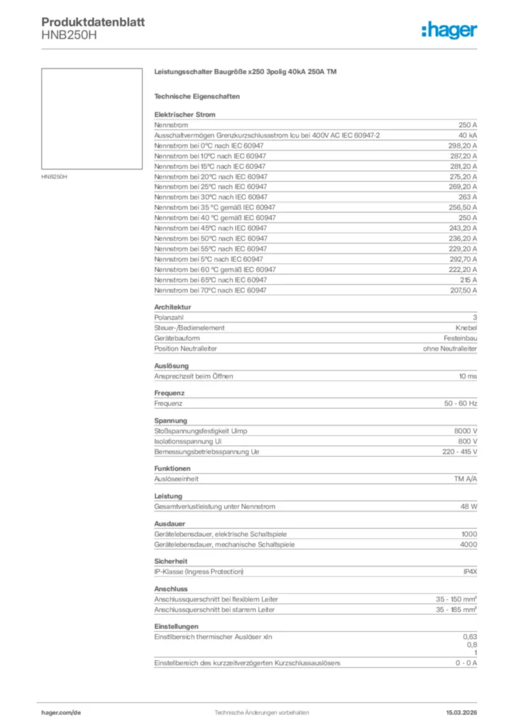 Bild Hager Produktdatenblatt HNB250H | Hager Deutschland