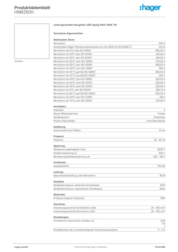 Bild Hager Produktdatenblatt HNB250H | Hager Deutschland