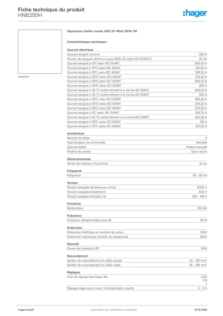 Image Hager Fiche technique du produit HNB250H | Hager France