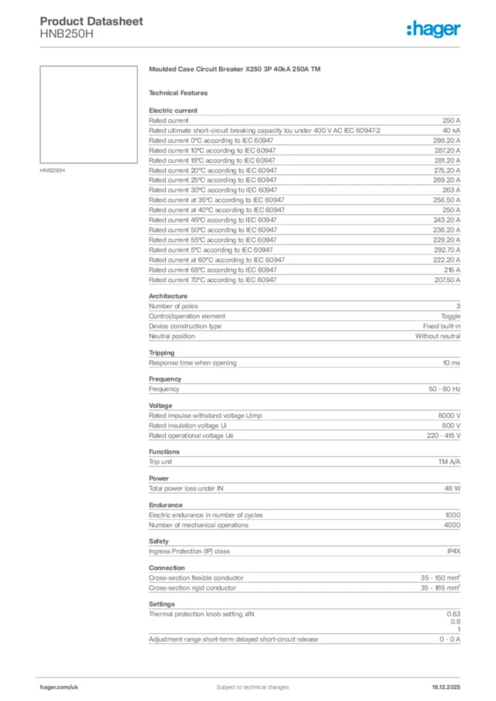 Image Hager Product data sheet HNB250H  | Hager