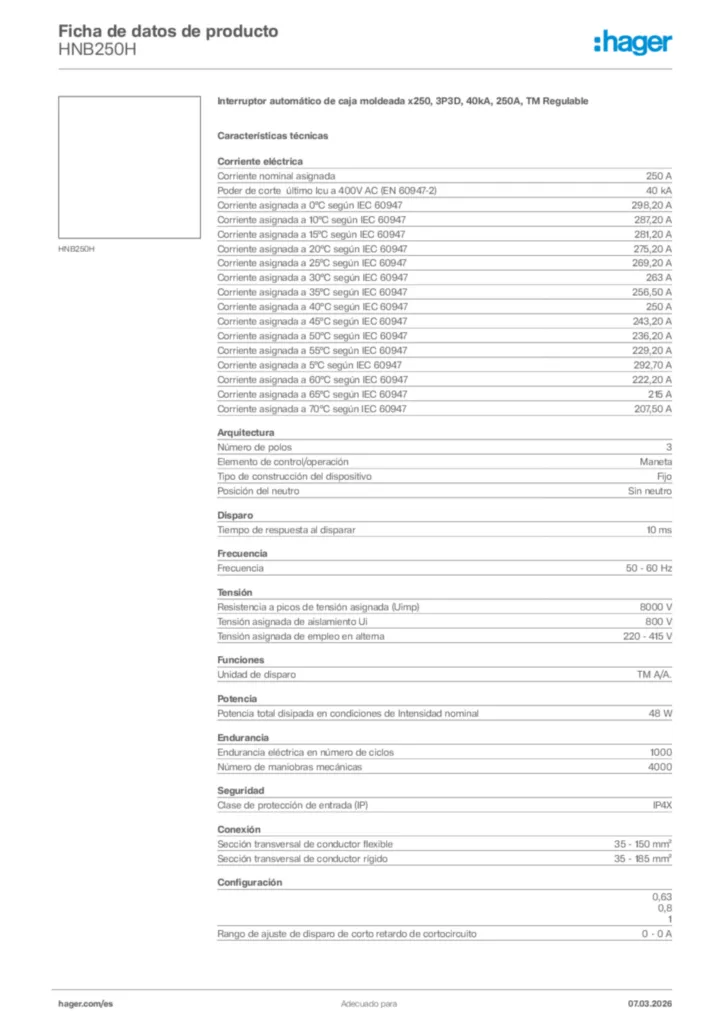 Imagen Hager Ficha de datos de producto HNB250H | Hager España