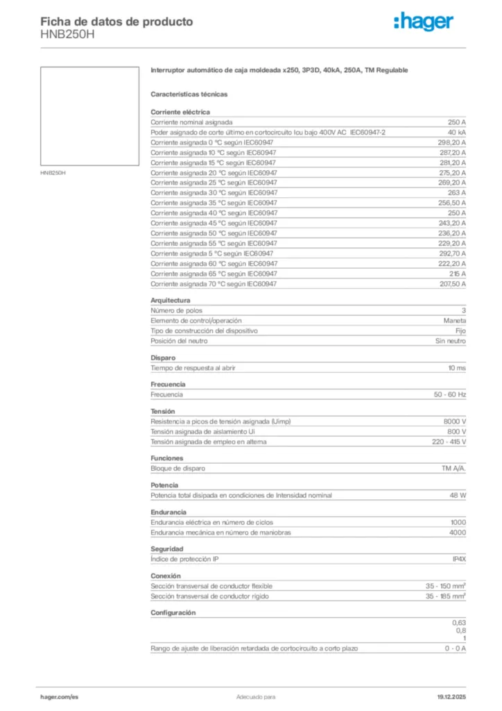 Imagen Hager Ficha de datos de producto HNB250H | Hager España