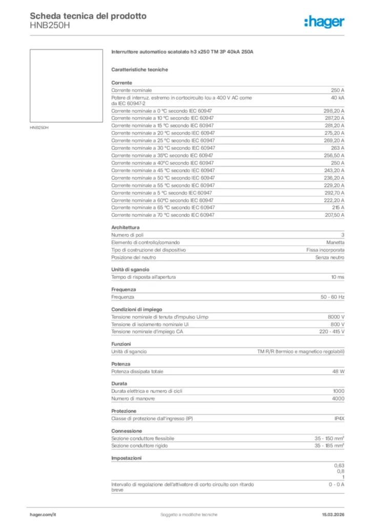 Immagine Hager Scheda tecnica del prodotto HNB250H | Hager Italia