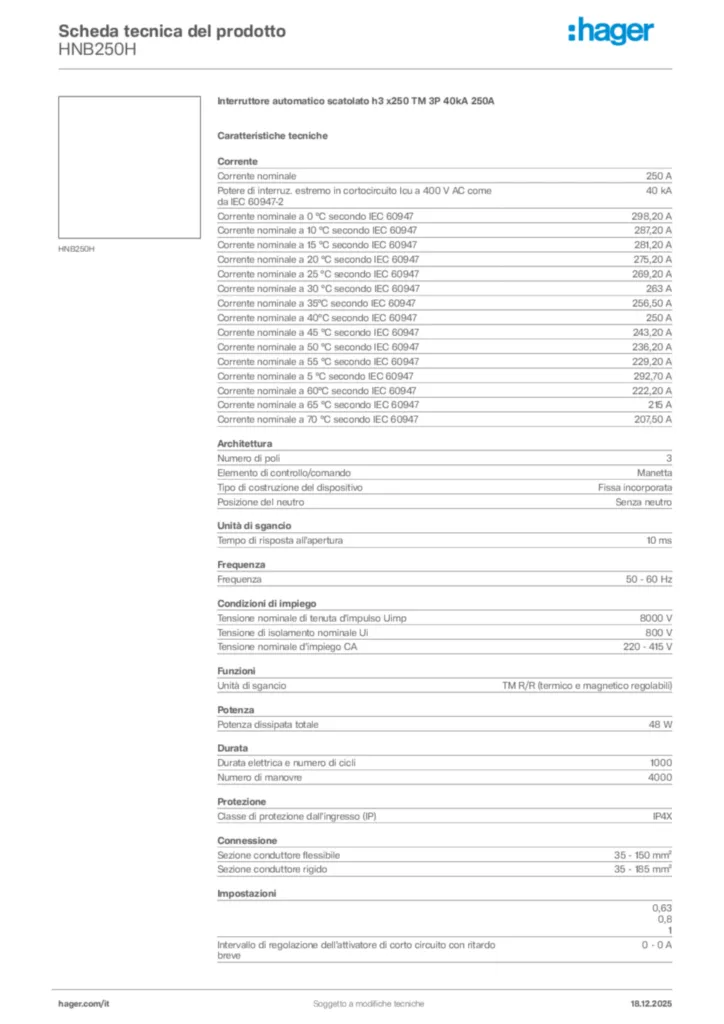 Immagine Hager Scheda tecnica del prodotto HNB250H | Hager Italia