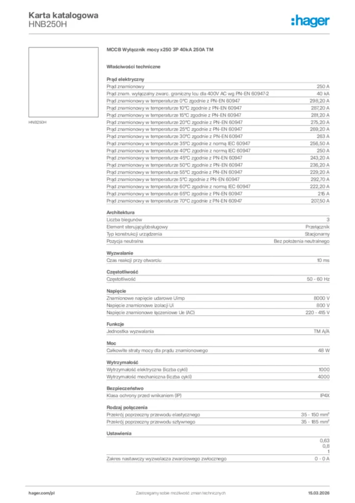 Zdjęcie Hager Karta katalogowa HNB250H | Hager Polska