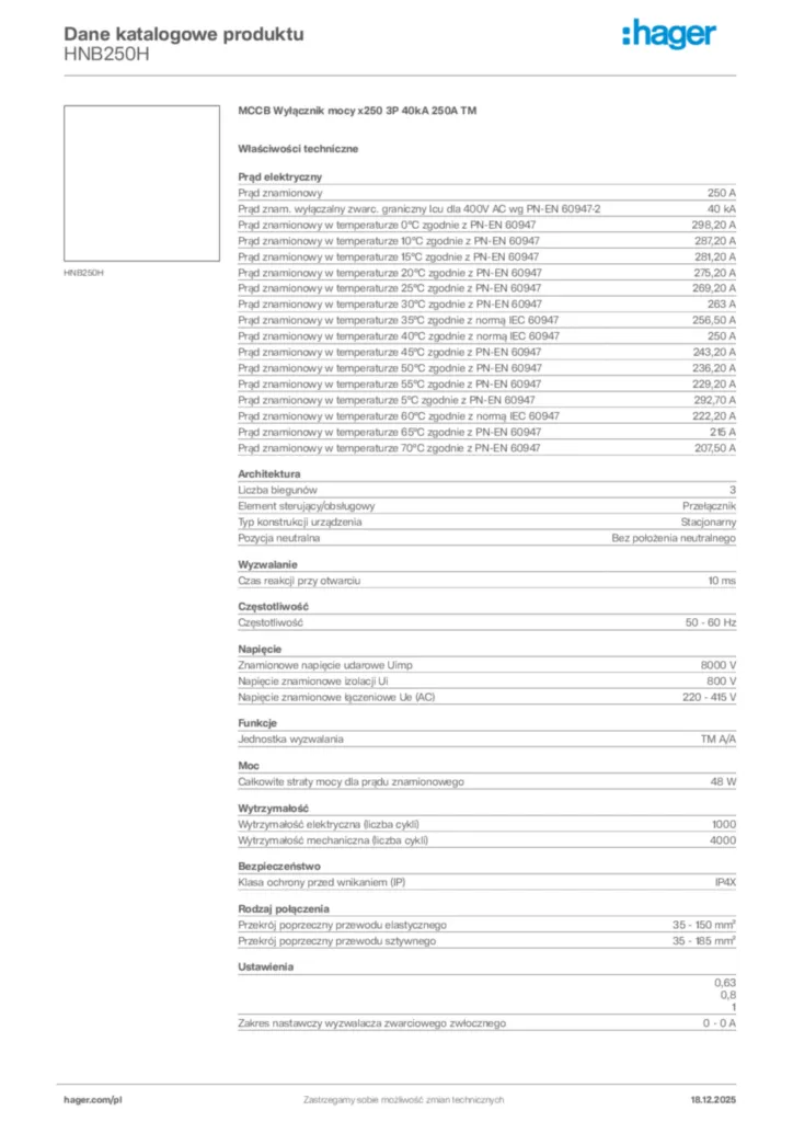 Zdjęcie Hager Karta katalogowa HNB250H | Hager Polska