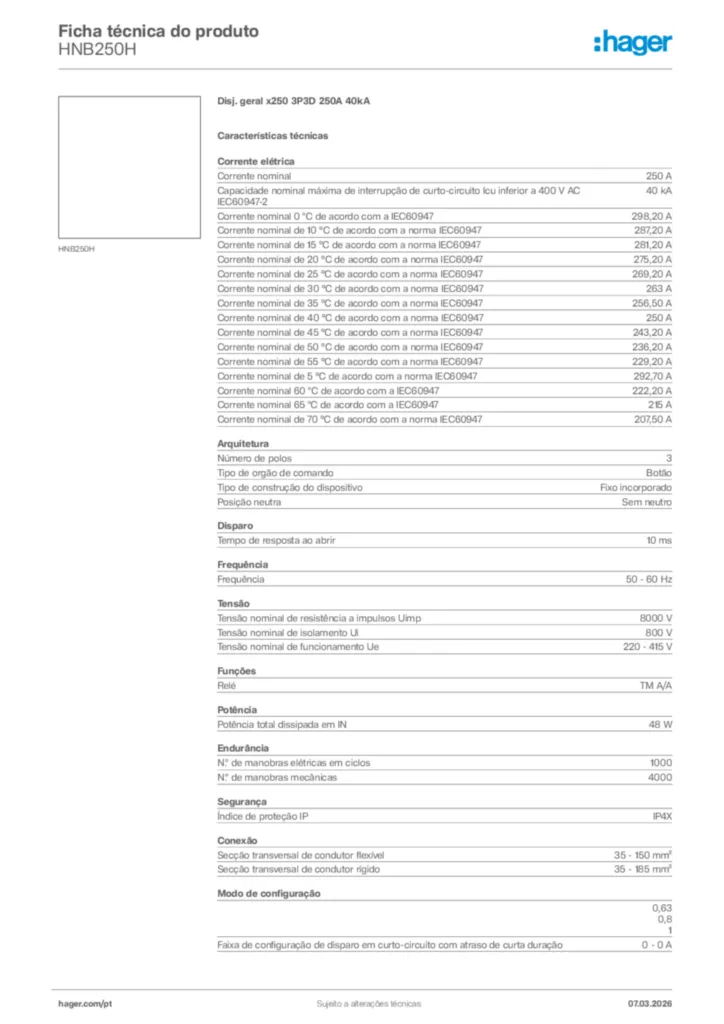 Imagem Hager Ficha técnica do produto HNB250H | Hager Portugal