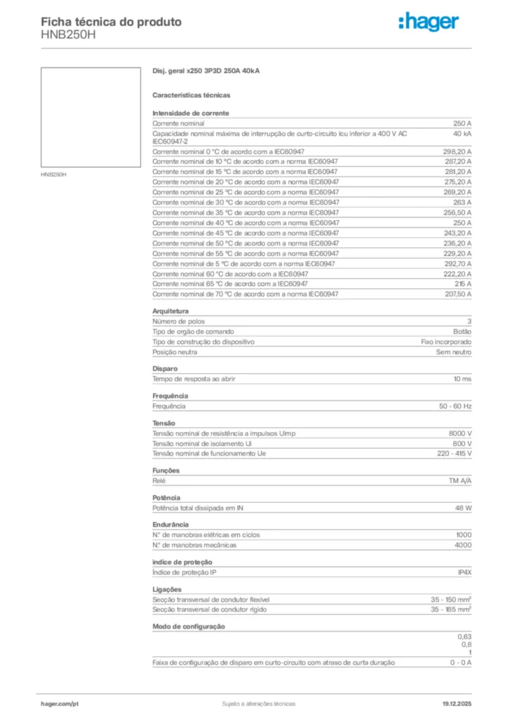 Imagem Hager Ficha técnica do produto HNB250H | Hager Portugal