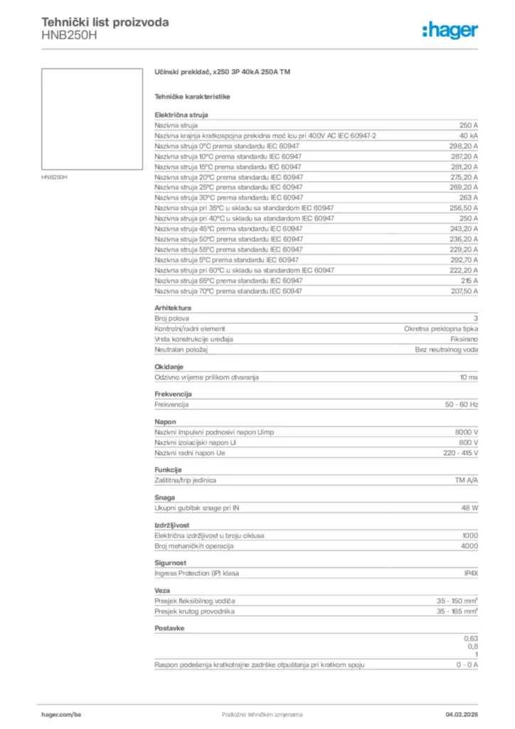 Slika Hager Tehnički list proizvoda HNB250H  | Hager