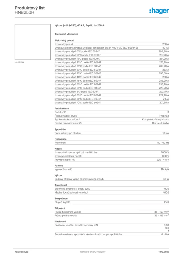 Obrázek Hager Produktový list HNB250H | Hager