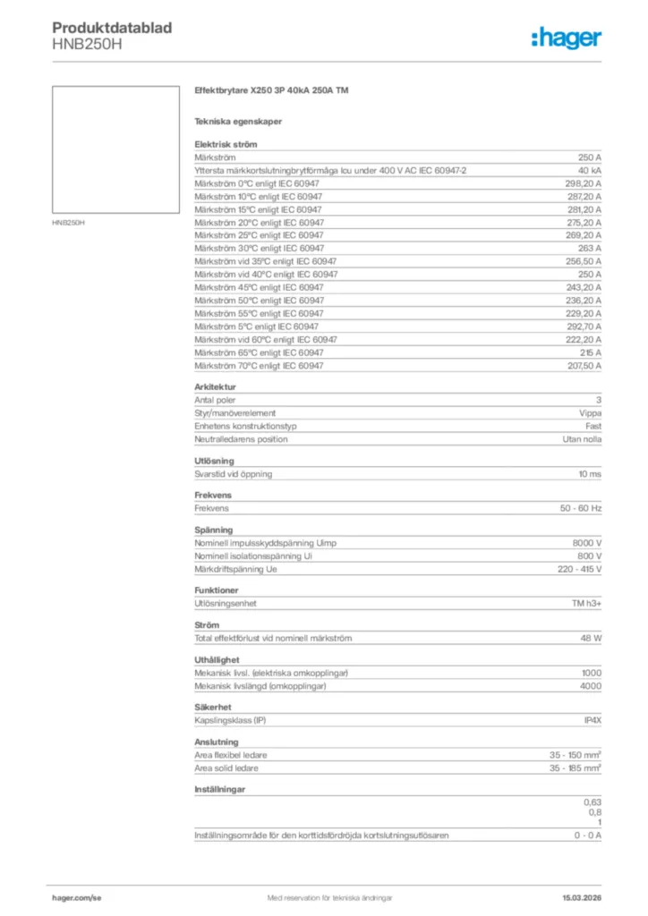 Bild Hager Produktdatablad HNB250H | Hager Sverige