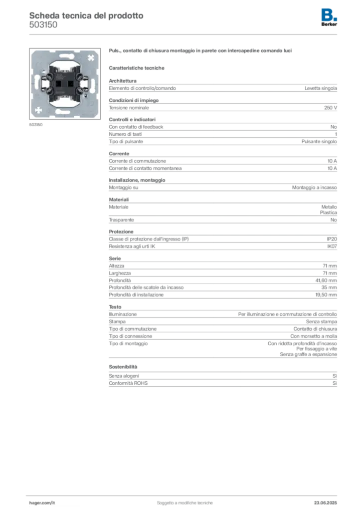 Immagine Berker Scheda tecnica del prodotto 503150 | Hager Italia