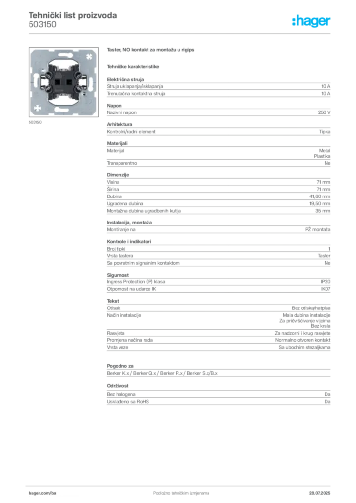 Slika Hager Product data sheet 503150  | Hager