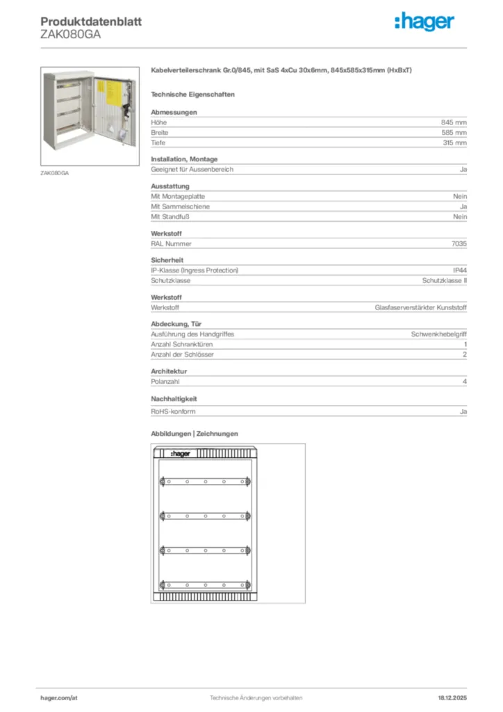 Bild Hager Produktdatenblatt ZAK080GA | Hager Deutschland