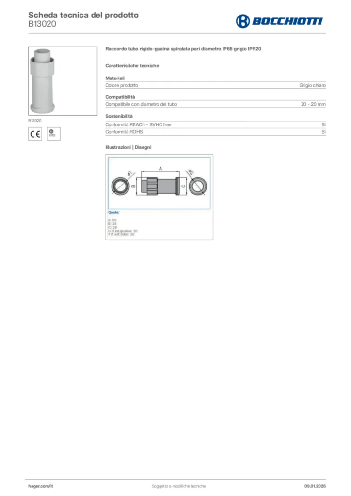 Immagine Bocchiotti Scheda tecnica del prodotto B13020 | Hager Italia