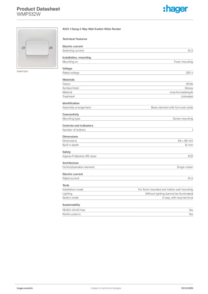 Image Hager Product data sheet WMPS12W  | Hager