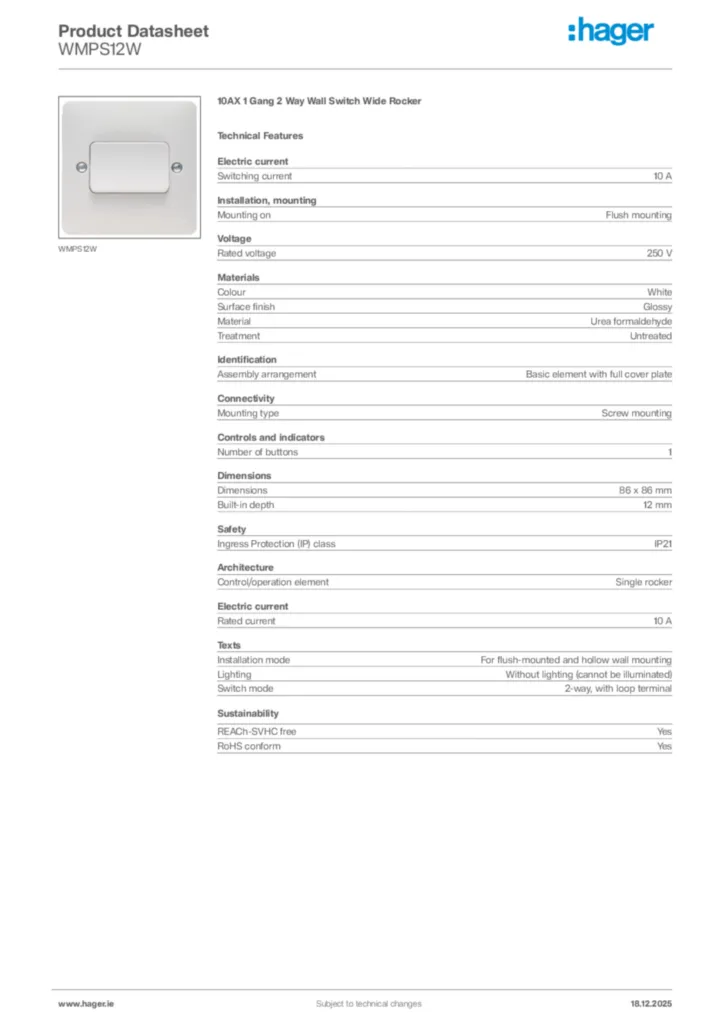 Image Hager Product data sheet WMPS12W  | Hager