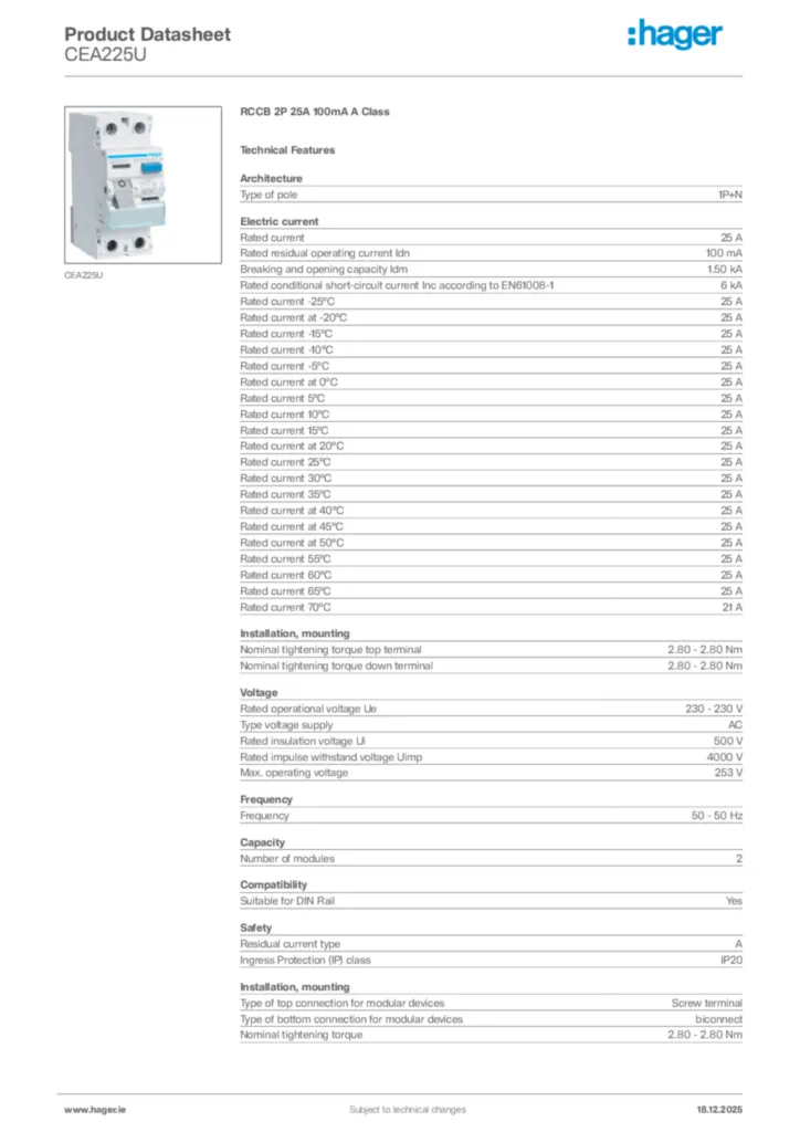 Image Hager Product data sheet CEA225U  | Hager