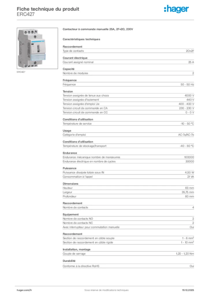 Image Hager Fiche technique du produit ERC427 | Hager France