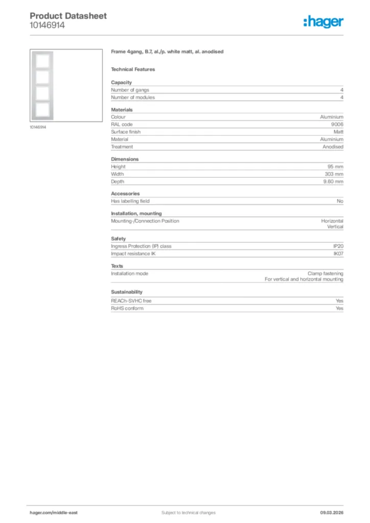 Image Hager Product data sheet 10146914  | Hager