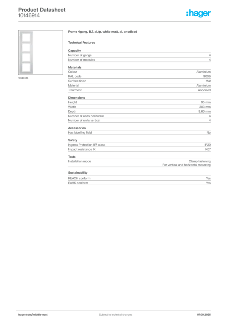Image Hager Product data sheet 10146914  | Hager