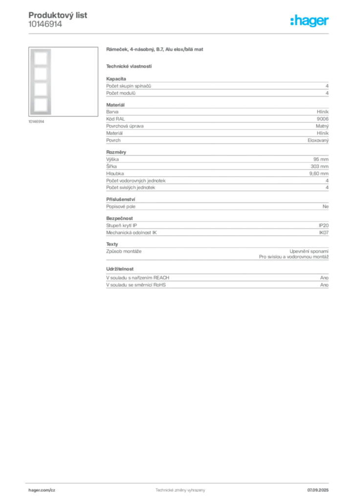 Obrázek Hager Produktový list 10146914 | Hager