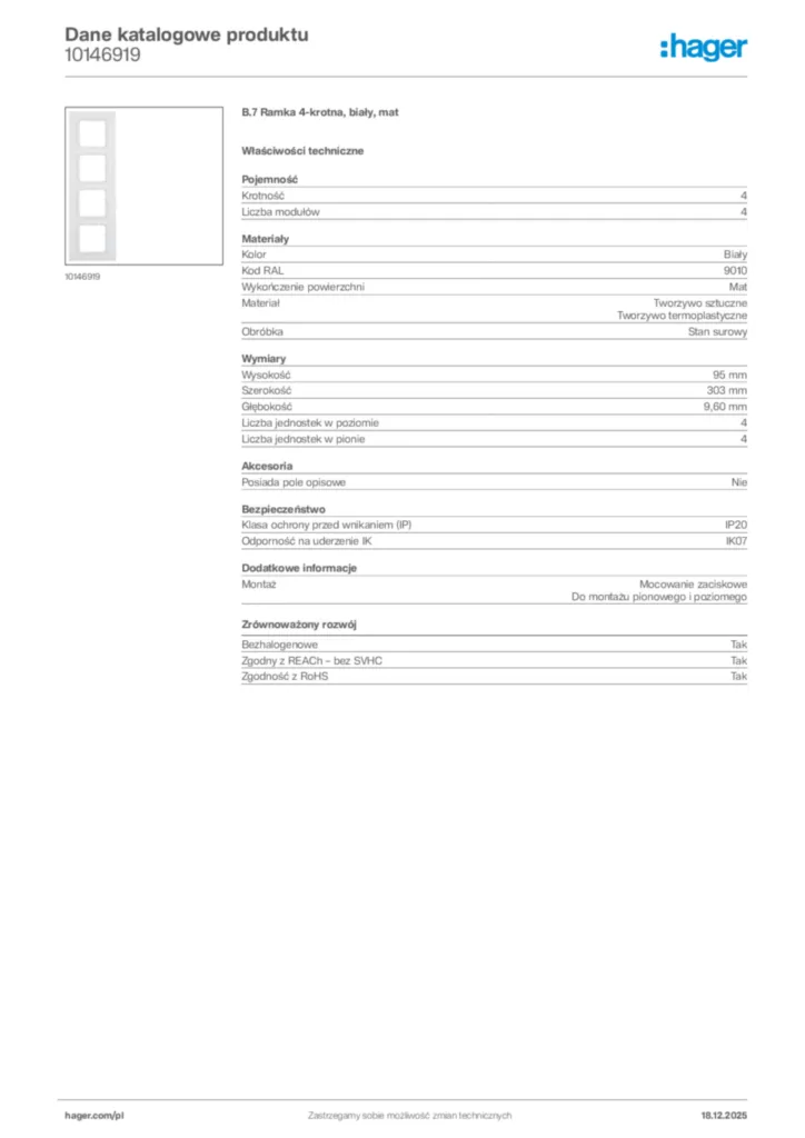 Zdjęcie Hager Karta katalogowa 10146919 | Hager Polska