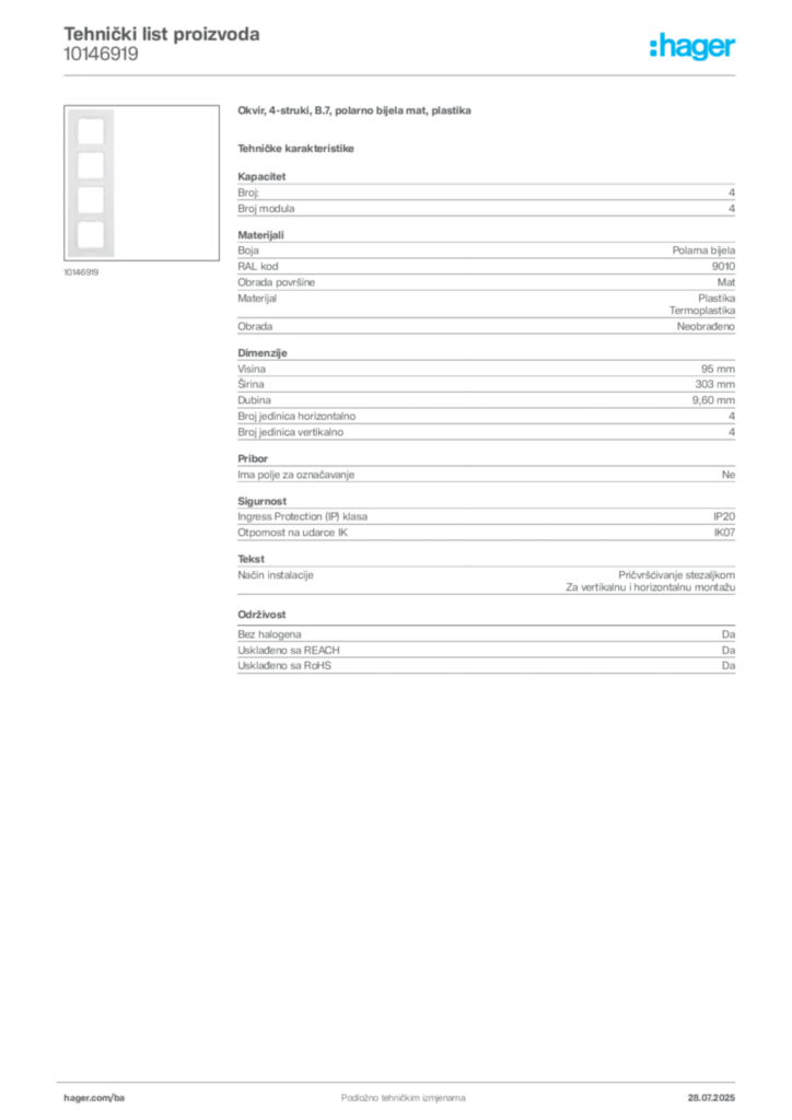 Slika Hager Product data sheet 10146919  | Hager