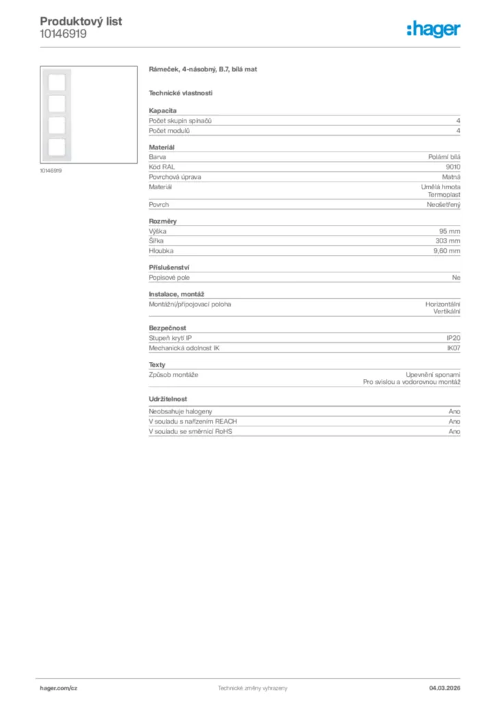 Obrázek Hager Product data sheet 10146919 | Hager