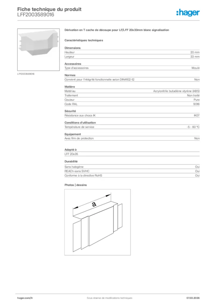 Image Hager Fiche technique du produit LFF2003589016 | Hager France