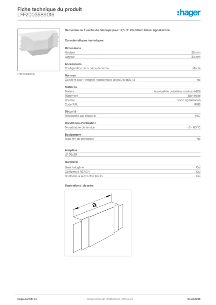 Image Hager Fiche technique du produit LFF2003589016 | Hager Belgique