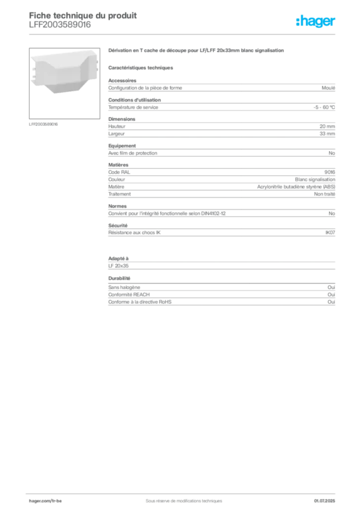 Image Hager Fiche technique du produit LFF2003589016 | Hager Belgique