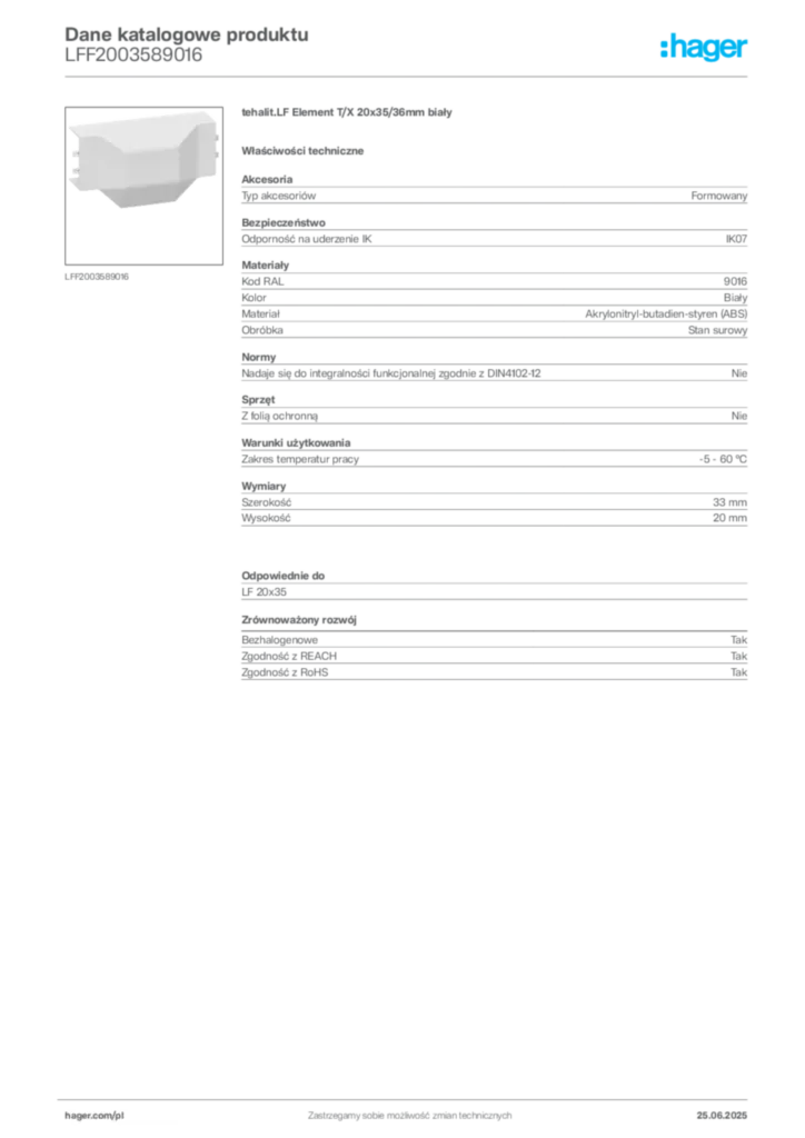 Zdjęcie Hager Karta katalogowa LFF2003589016 | Hager Polska