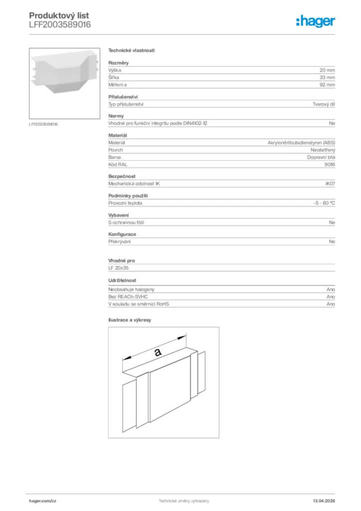 Obrázek Hager Product data sheet LFF2003589016 | Hager