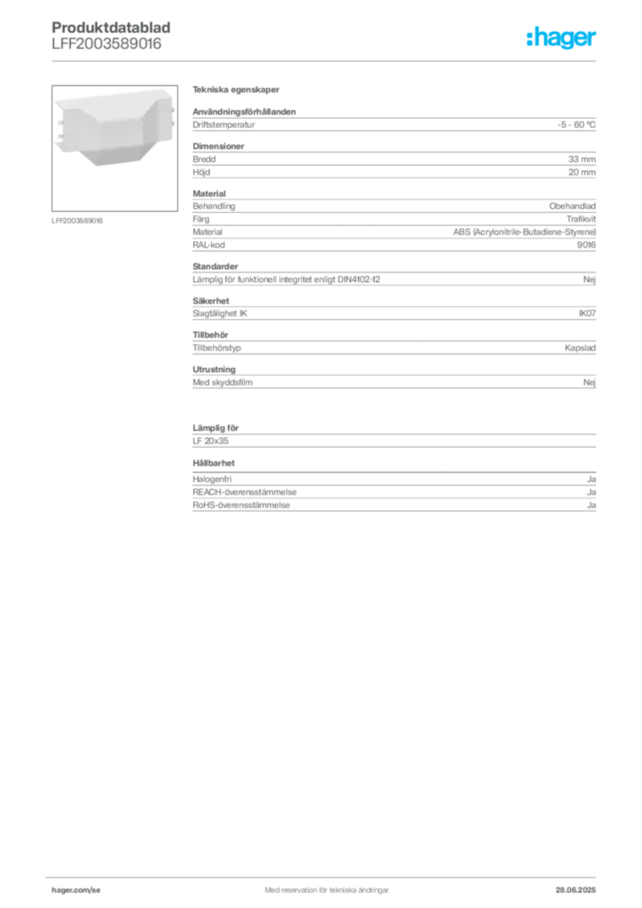 Bild Hager Produktdatablad LFF2003589016 | Hager Sverige