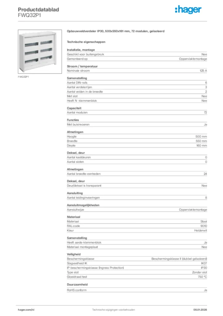 Afbeelding Hager Productdatablad FWQ32P1 | Hager Nederland