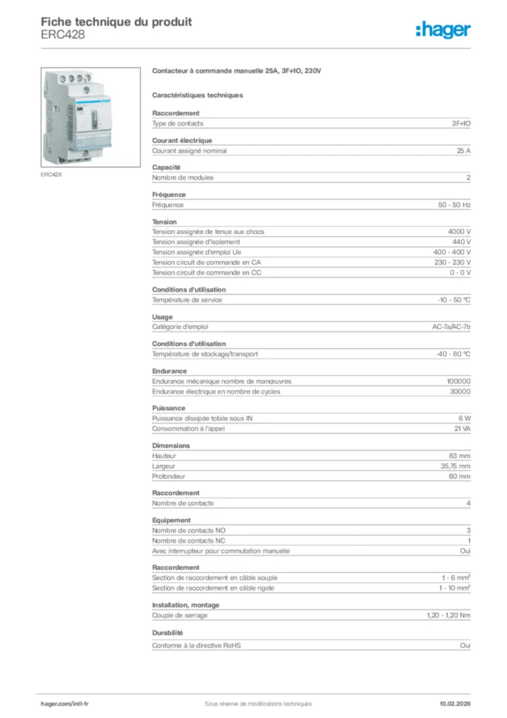 Image Hager Fiche technique du produit ERC428 | Hager Afrique