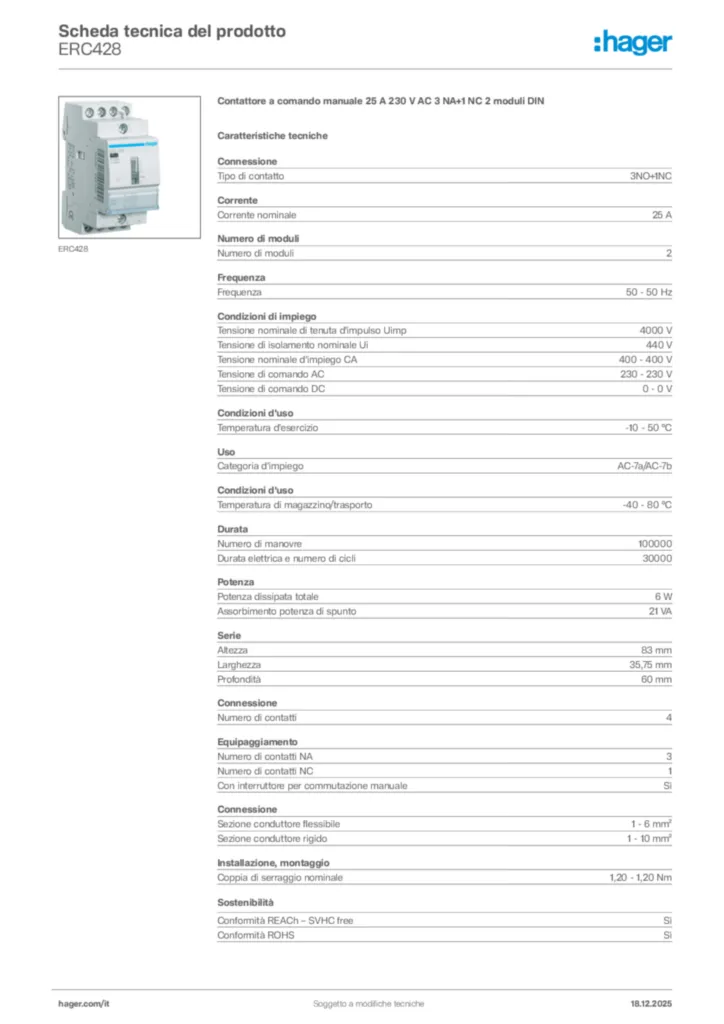 Immagine Hager Scheda tecnica del prodotto ERC428 | Hager Italia