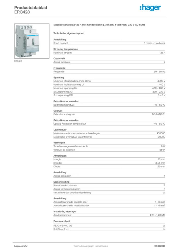 Afbeelding Hager Productdatablad ERC428 | Hager Nederland