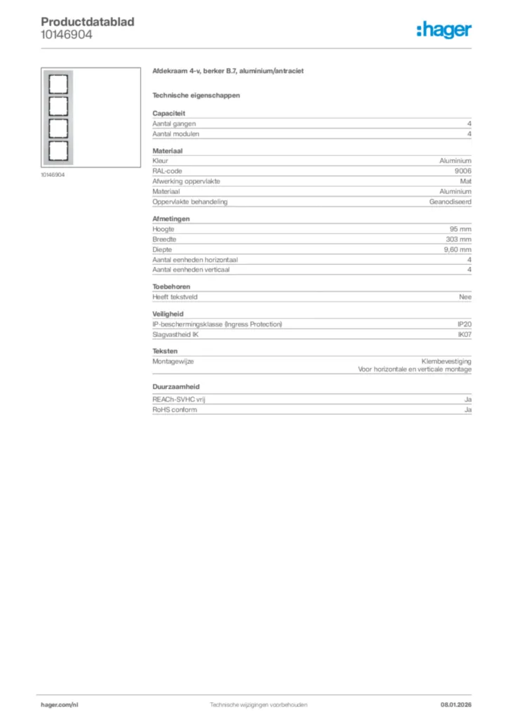 Afbeelding Hager Productdatablad 10146904 | Hager Nederland