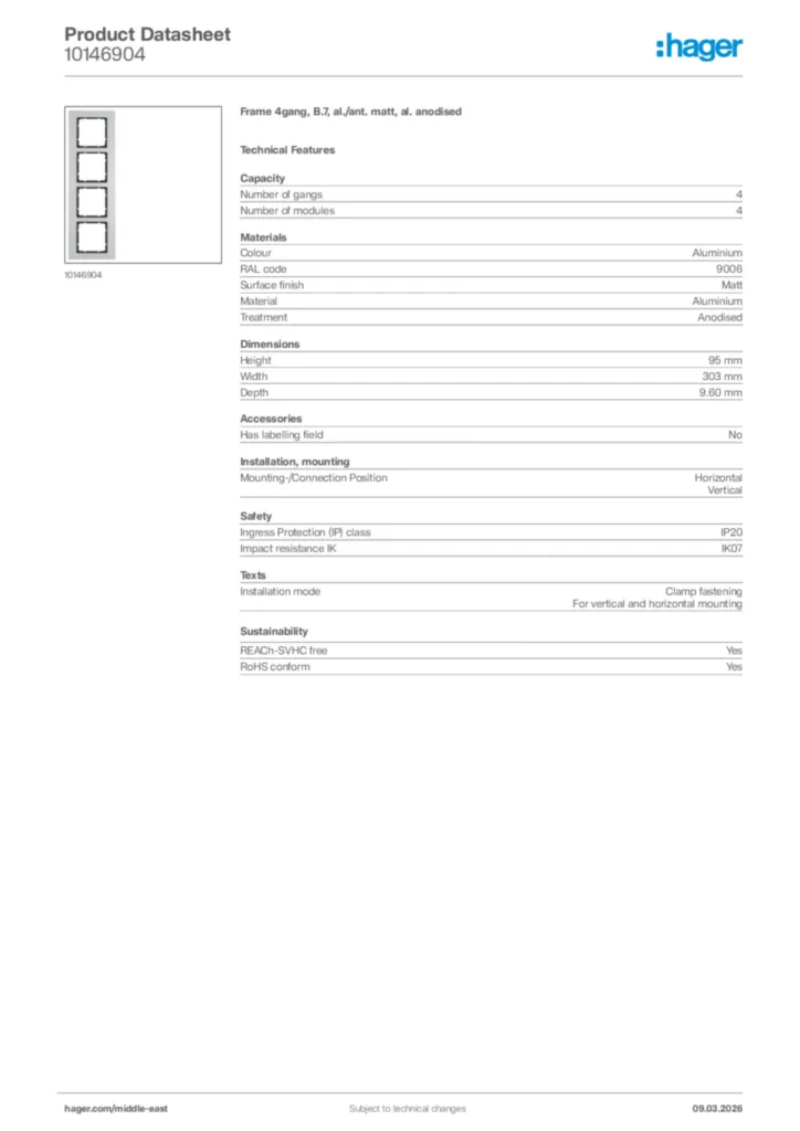 Image Hager Product data sheet 10146904  | Hager