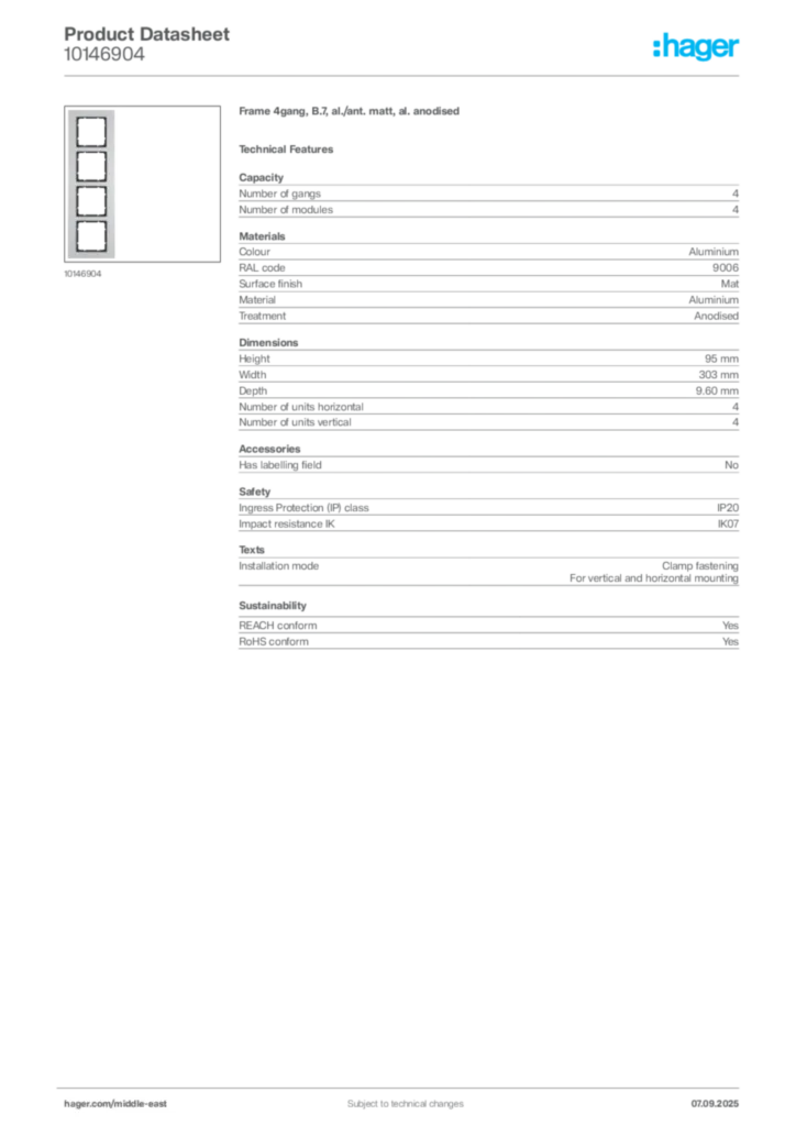 Image Hager Product data sheet 10146904  | Hager