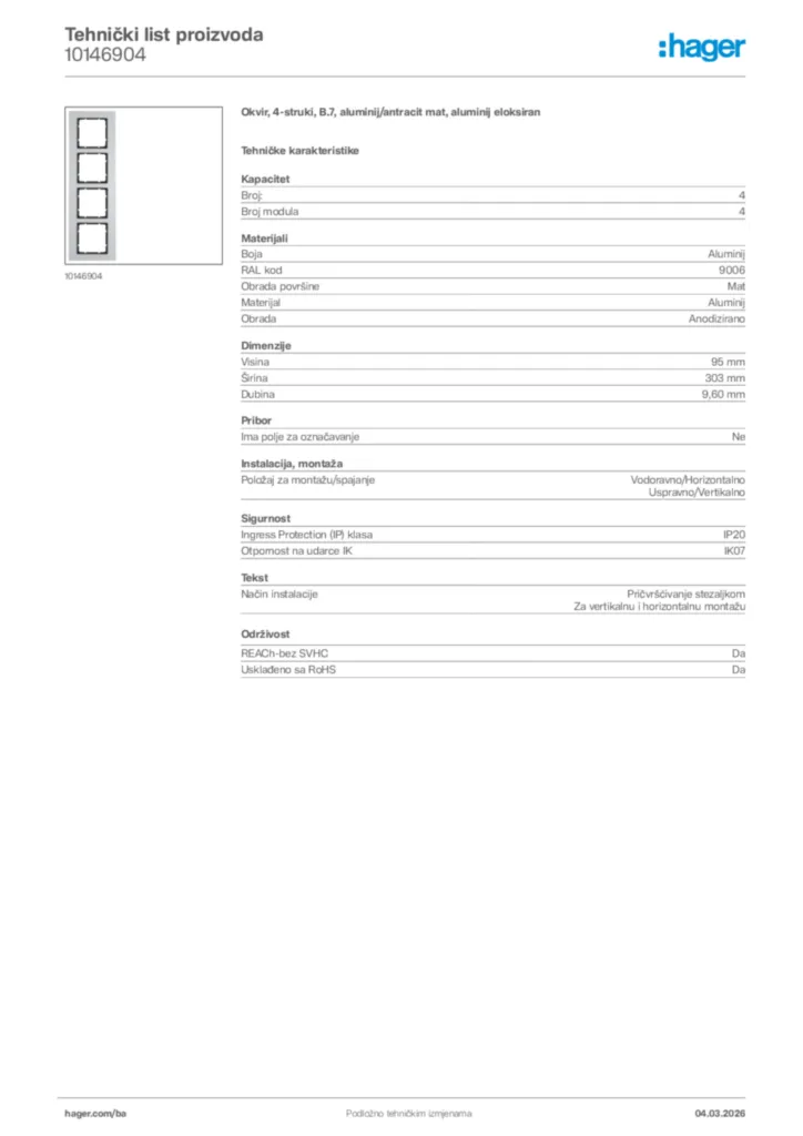 Slika Hager Tehnički list proizvoda 10146904  | Hager