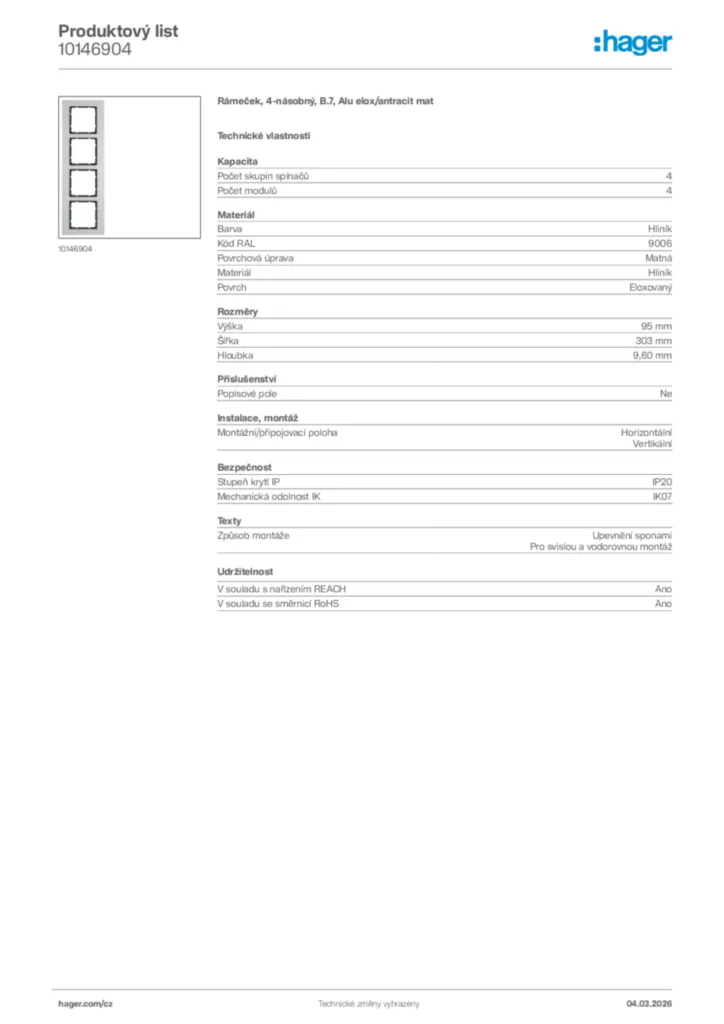 Obrázek Hager Product data sheet 10146904 | Hager